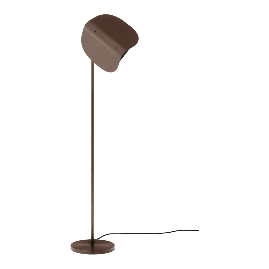 Brown minimalist floor lamp with a unique curved shade and a sleek, modern design. Perfect for any contemporary decor.