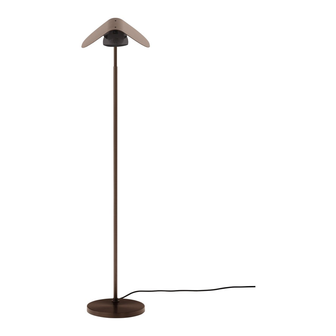 Brown metal floor lamp with a sleek, minimalist design and a unique, curved shade pattern. Perfect for modern decor.