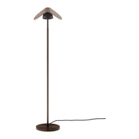 Brown metal floor lamp with a sleek, minimalist design and a unique, curved shade pattern. Perfect for modern decor.