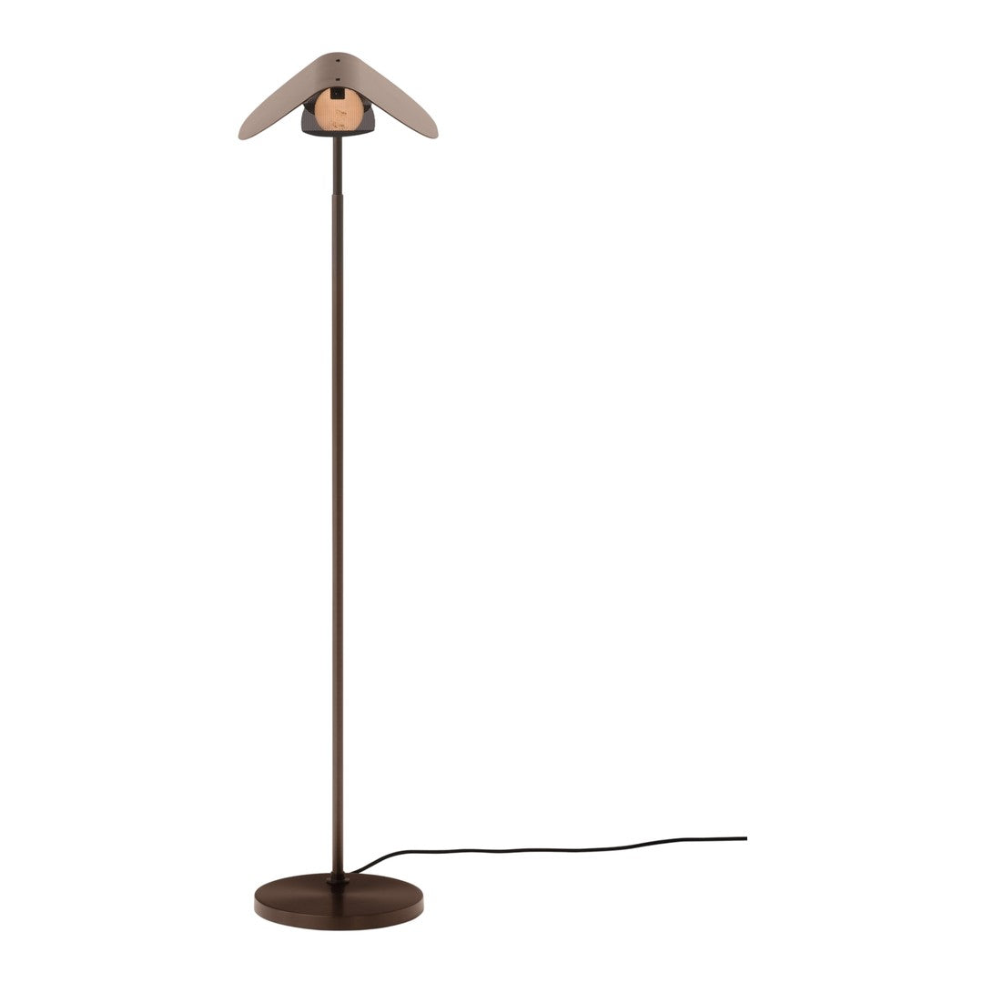 Brown floor lamp with a sleek metal base and a unique, curved shade design. Modern and stylish home decor accent.