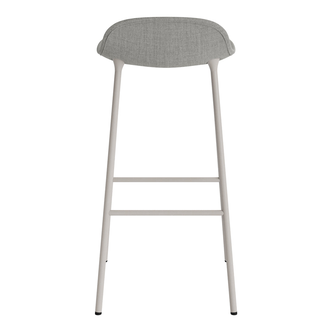 Light gray bar stool with a textured seat and sleek, white metal legs. Modern, minimalist design.