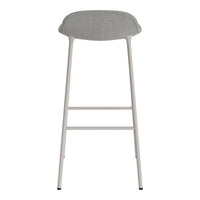 Light gray bar stool with a textured seat and sleek, white metal legs. Modern, minimalist design.