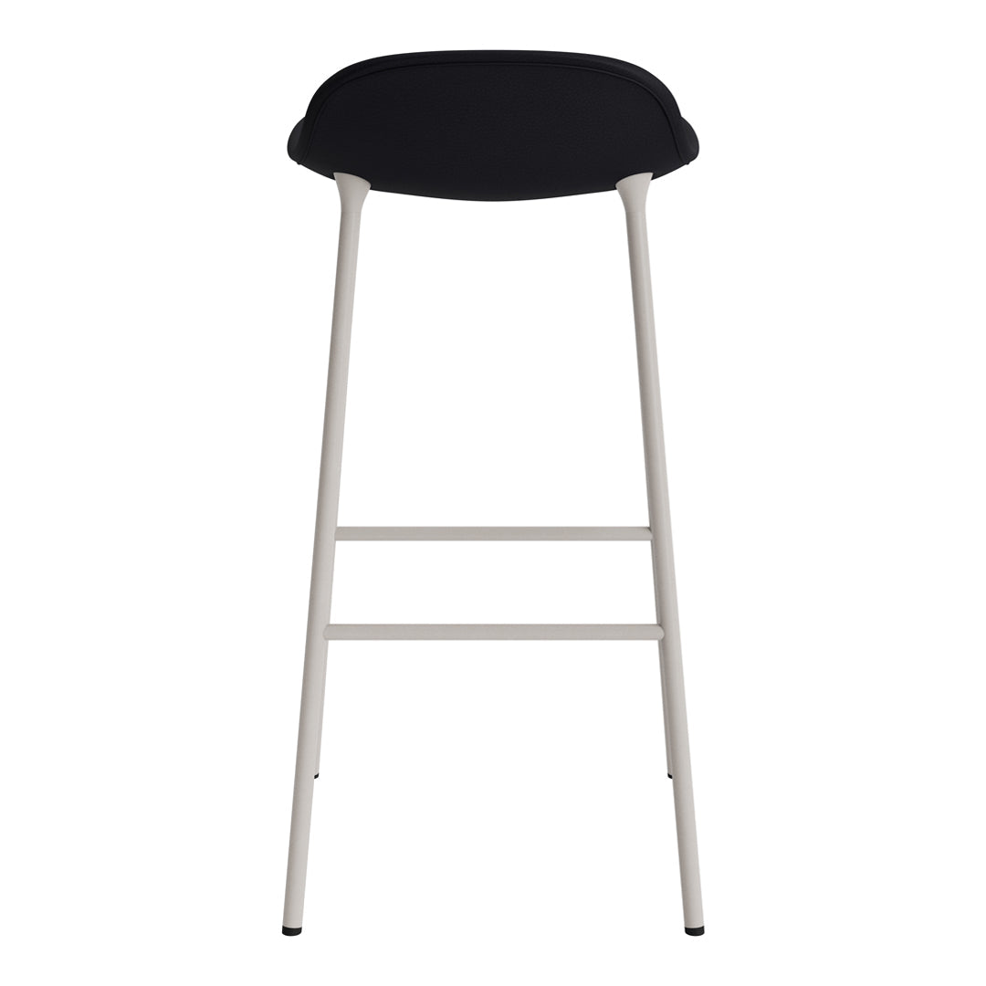Black bar stool with a sleek, minimalist design and light gray metal legs. Modern and stylish home decor.