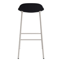 Black bar stool with a sleek, minimalist design and light gray metal legs. Modern and stylish home decor.