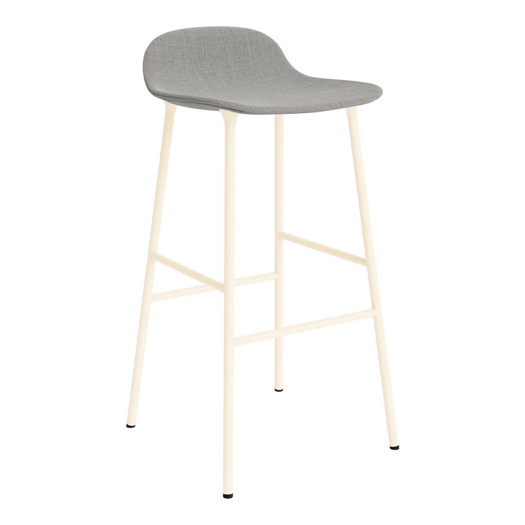 Gray upholstered bar stool with a minimalist cream-colored metal frame. Simple and modern design.