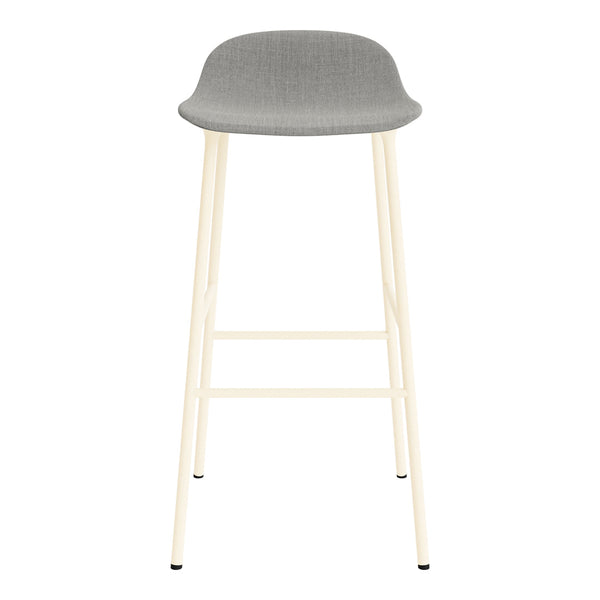Gray upholstered bar stool on cream metal legs, featuring a minimalist design with clean lines.