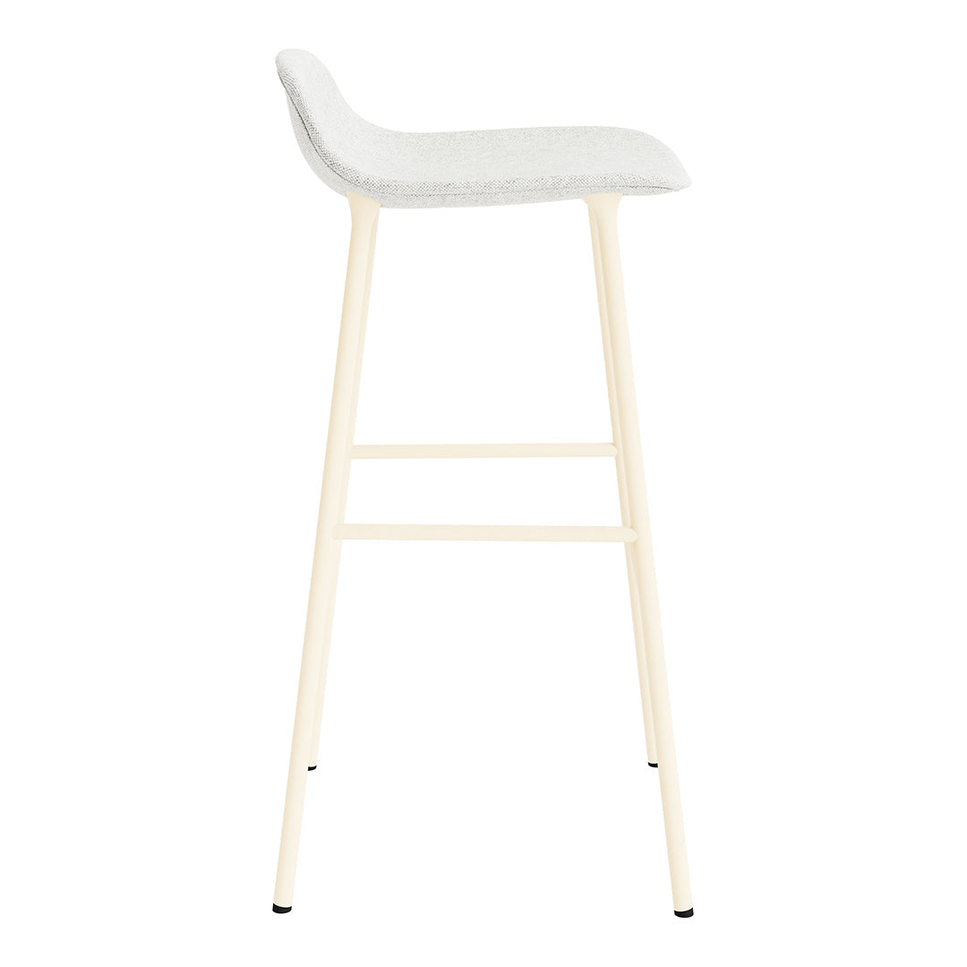 Light gray upholstered bar stool with a minimalist design and creamy white wooden legs. Ideal for contemporary decor.