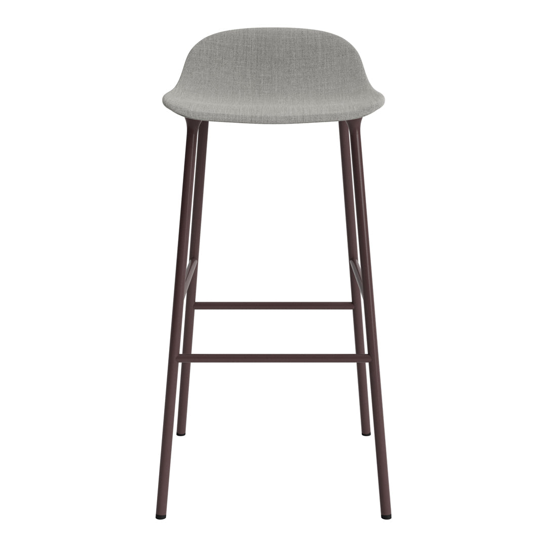 Gray upholstered bar stool with a smooth, contemporary design and dark brown metal legs. Perfect for modern interiors.