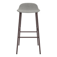 Gray upholstered bar stool with a smooth, contemporary design and dark brown metal legs. Perfect for modern interiors.