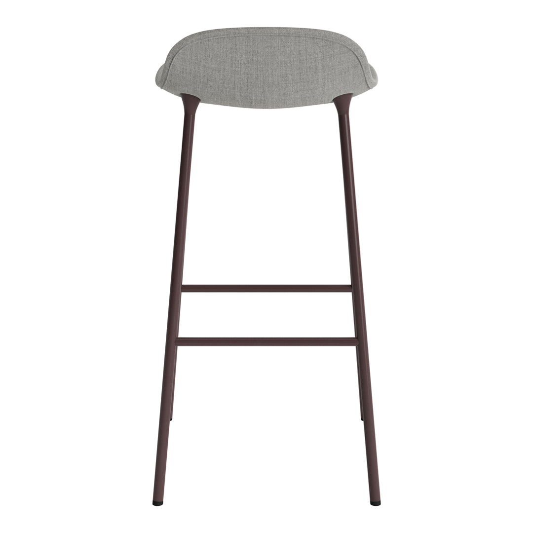 Gray upholstered bar stool with a brown metal frame and simple, modern design.
