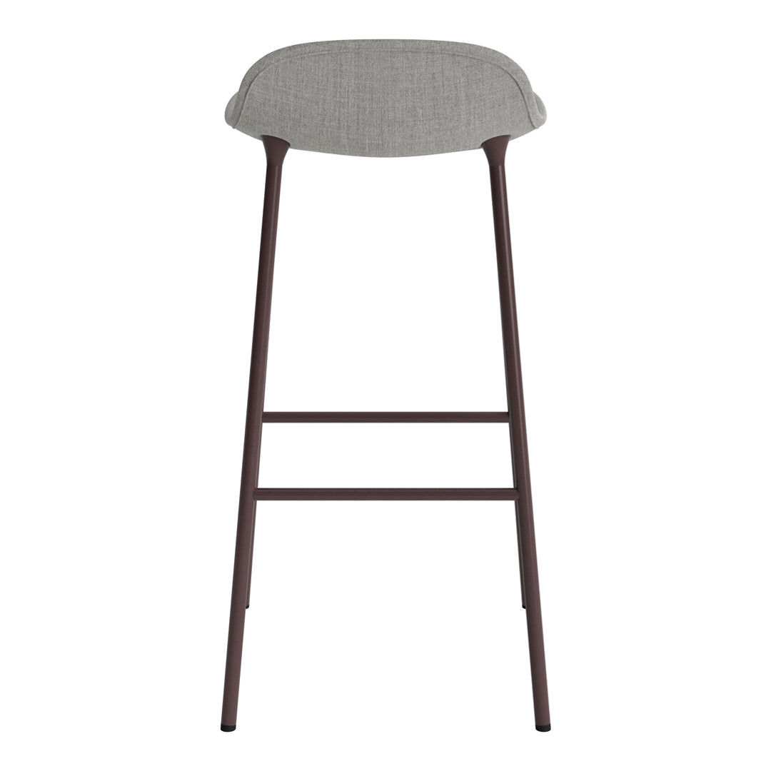 Gray upholstered bar stool with a brown metal frame and simple, modern design.