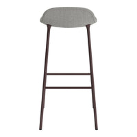 Gray upholstered bar stool with a brown metal frame and simple, modern design.