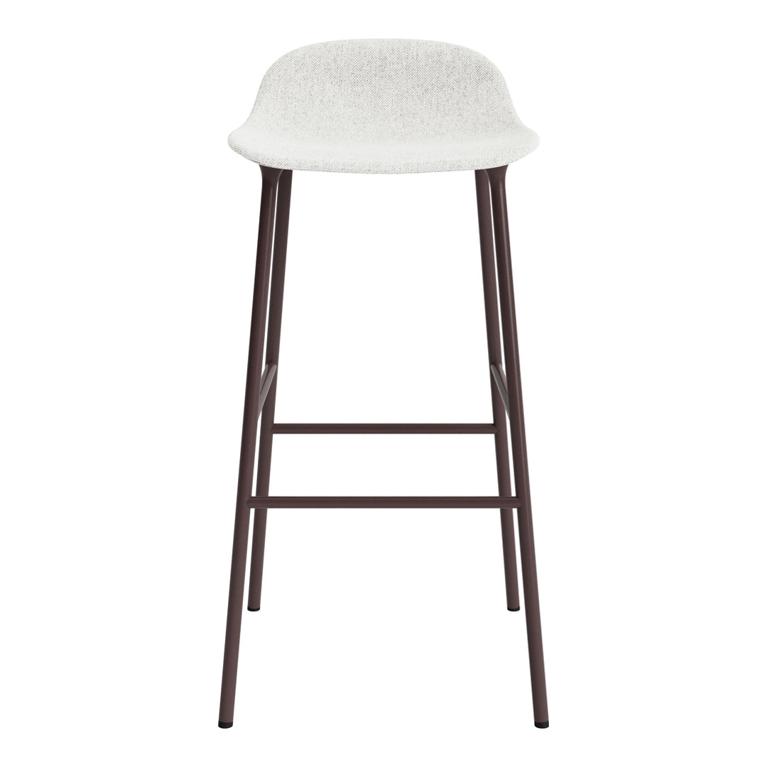 White upholstered bar stool with a sleek brown metal frame and minimalist design. Ideal for modern decor.