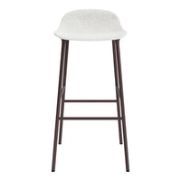 White upholstered bar stool with a sleek brown metal frame and minimalist design. Ideal for modern decor.