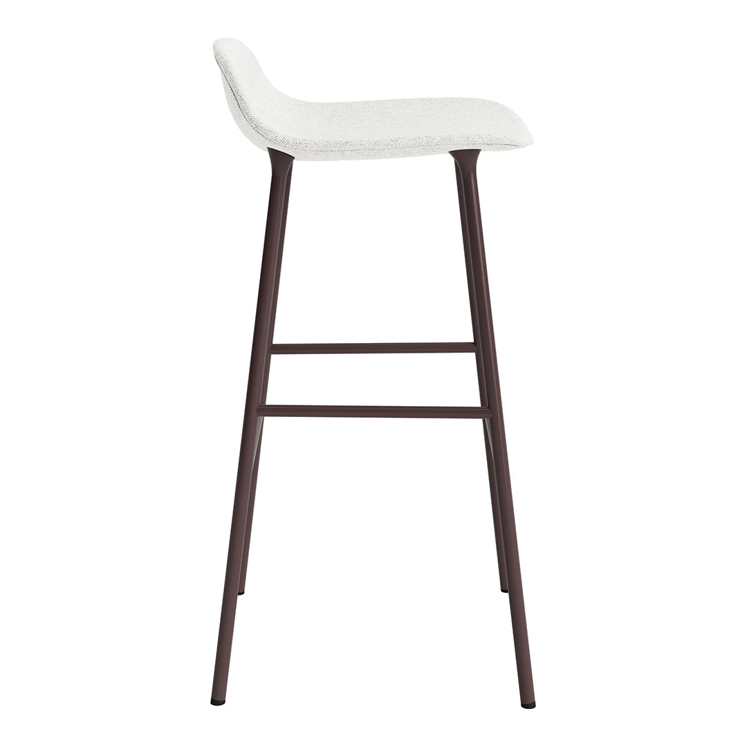 Modern white upholstered bar stool with a sleek brown metal frame, featuring a minimalist design.