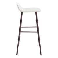 Modern white upholstered bar stool with a sleek brown metal frame, featuring a minimalist design.