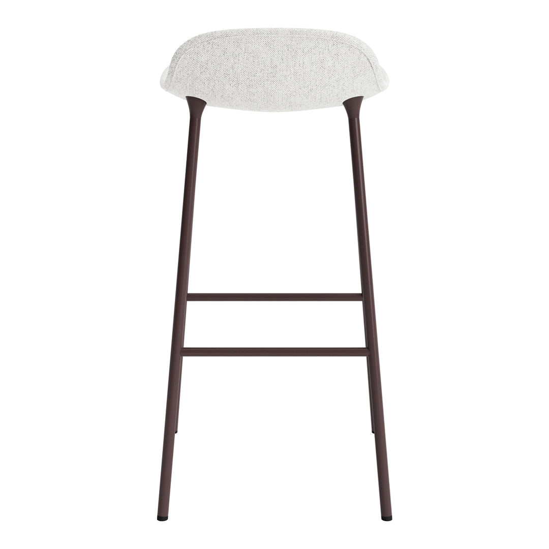 Light gray upholstered stool with dark brown metal legs and minimalist design. Perfect for modern interiors.