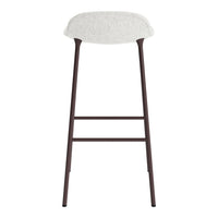 Light gray upholstered stool with dark brown metal legs and minimalist design. Perfect for modern interiors.