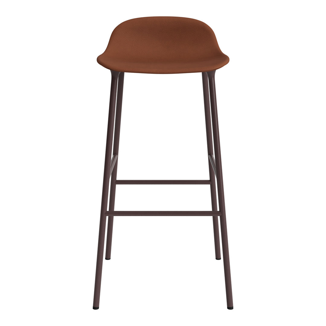 Brown upholstered bar stool with a smooth, modern design and dark metal legs. Perfect for contemporary spaces.