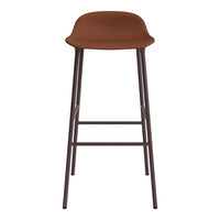 Brown upholstered bar stool with a smooth, modern design and dark metal legs. Perfect for contemporary spaces.