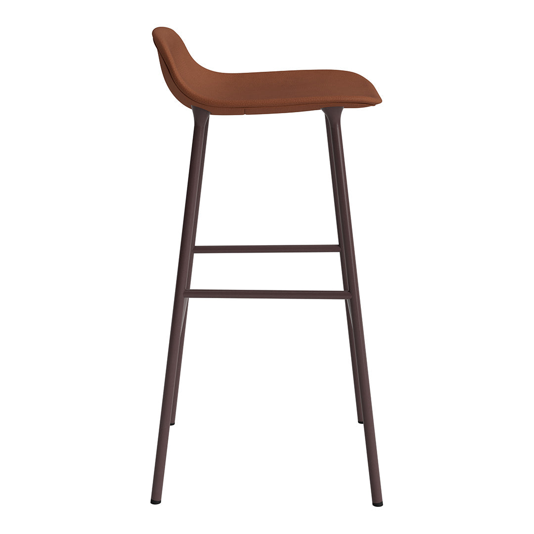 Brown upholstered bar stool with a sleek metal frame. Modern design perfect for contemporary spaces.