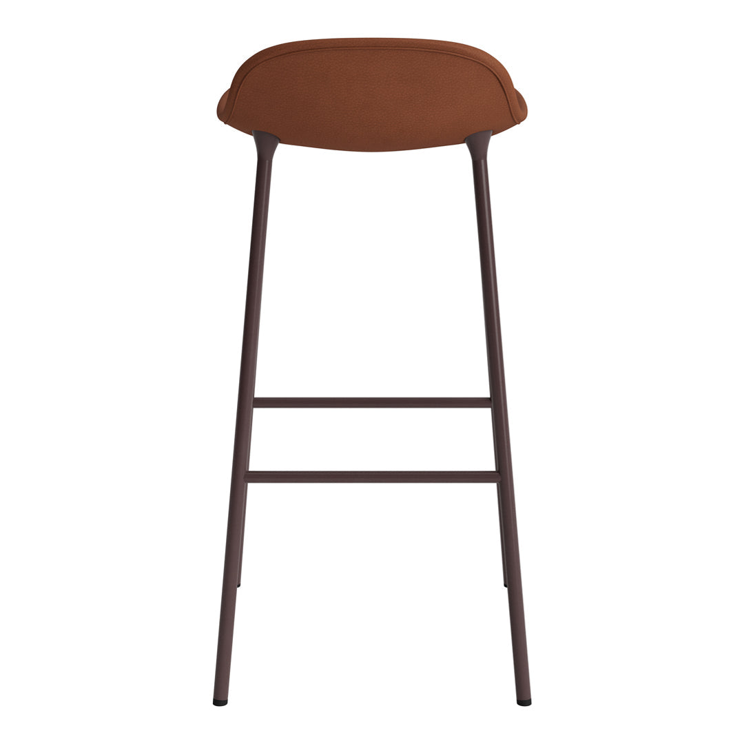 Brown upholstered bar stool with a sleek metal frame, minimalistic design, and solid color.