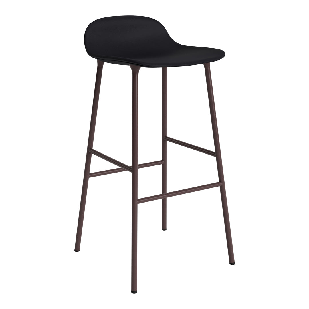 Black bar stool with a smooth seat and sleek metal legs in a warm brown finish. Minimalist design for modern decor.