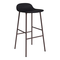 Black bar stool with a smooth seat and sleek metal legs in a warm brown finish. Minimalist design for modern decor.
