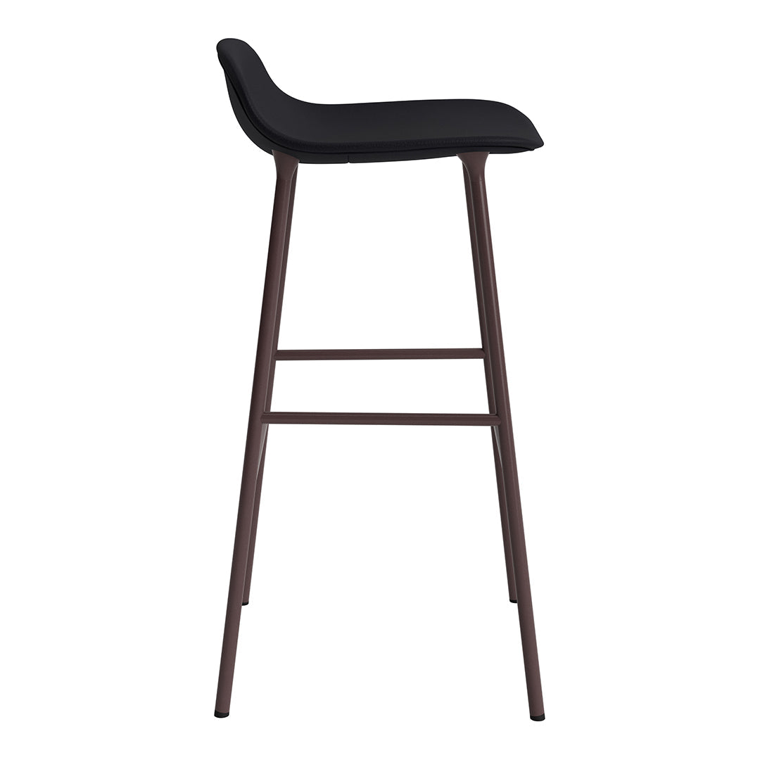 Black upholstered bar stool with a sleek, smooth finish and dark wood legs. Modern, minimalist design.