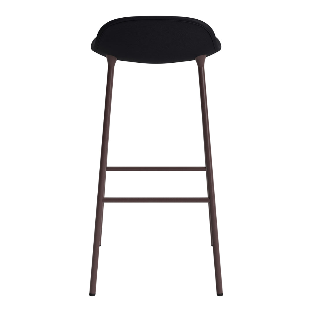 Black bar stool with a sleek design and brown metal legs, featuring a smooth, curved seat.