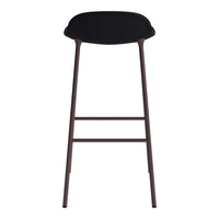 Black bar stool with a sleek design and brown metal legs, featuring a smooth, curved seat.