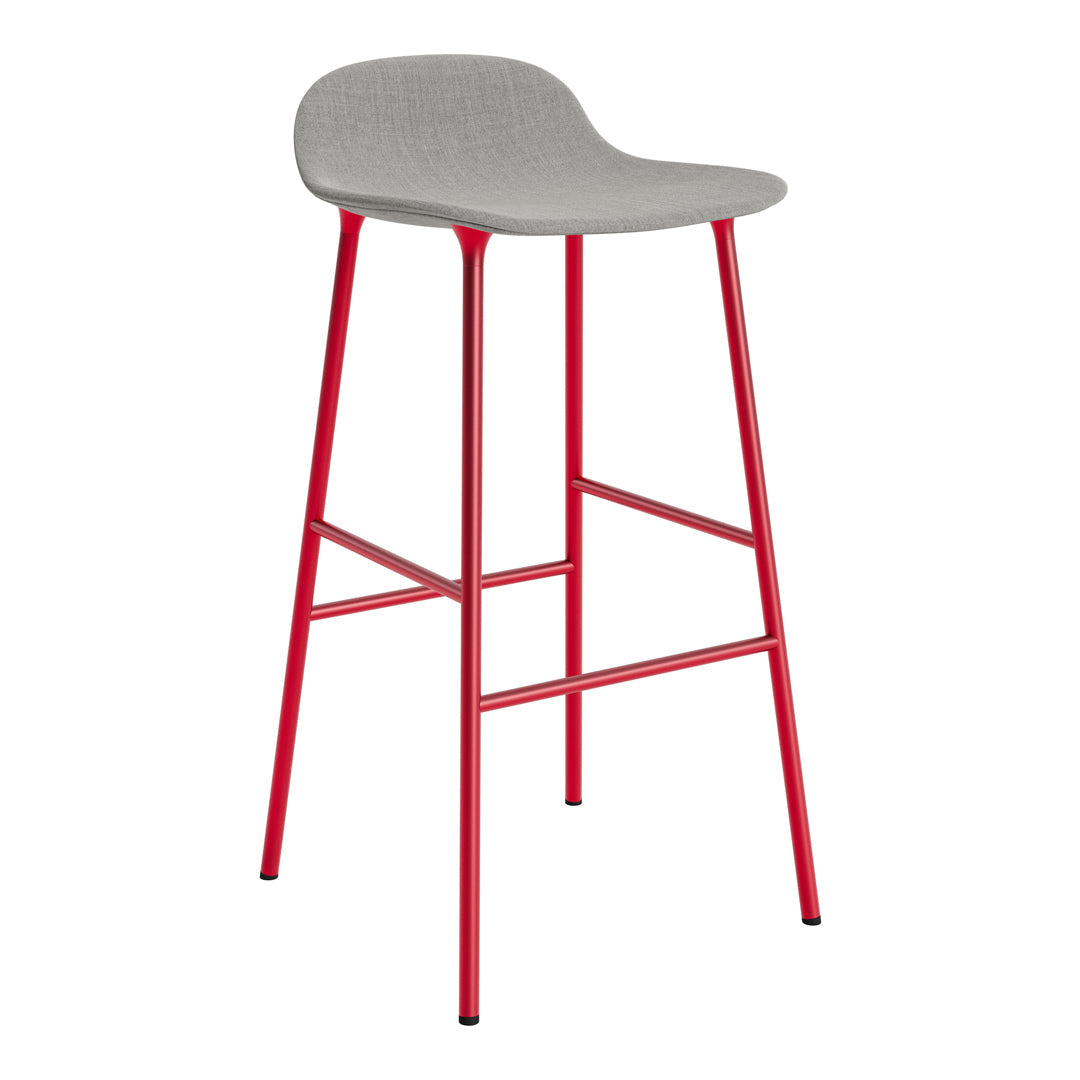 Gray upholstered bar stool with vibrant red metal legs, featuring a sleek contemporary design.