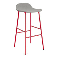 Gray upholstered bar stool with vibrant red metal legs, featuring a sleek contemporary design.