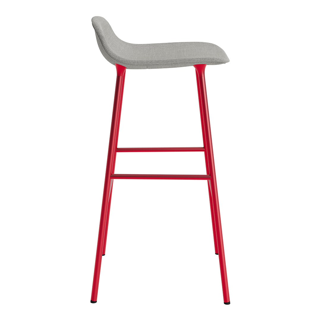 Red barstool with a sleek gray upholstered seat, featuring a minimalist design and modern colors.
