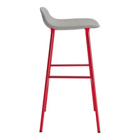 Red barstool with a sleek gray upholstered seat, featuring a minimalist design and modern colors.
