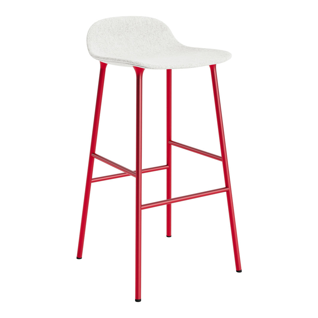 White upholstered bar stool with vibrant red metal legs, featuring a smooth, minimalist design.