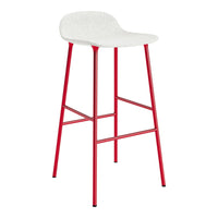 White upholstered bar stool with vibrant red metal legs, featuring a smooth, minimalist design.