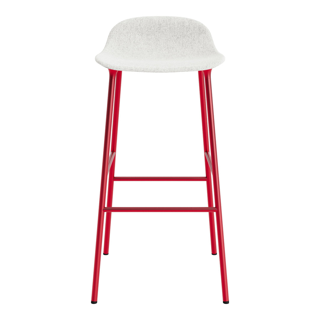 Red metal bar stool with a white, textured seat. Ideal for modern and vibrant decor.