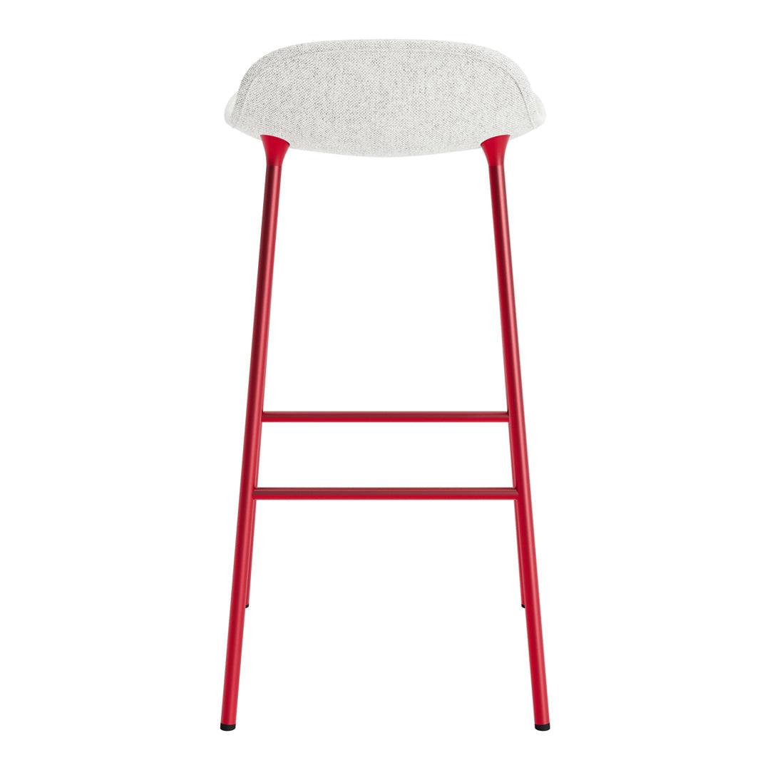 Red metal bar stool with a soft white upholstered seat, offering a modern and stylish design for any space.