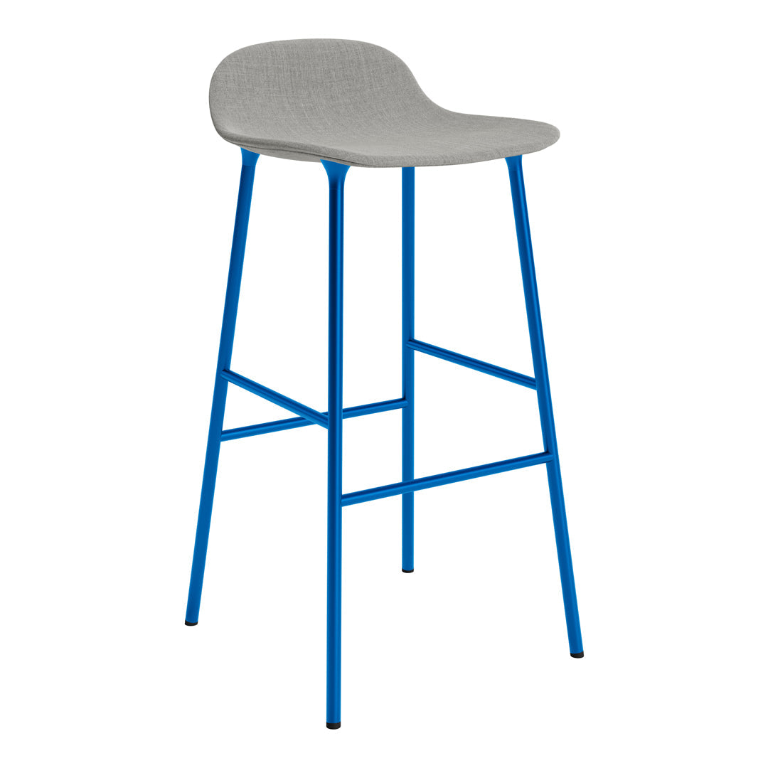 Gray upholstered seat with vibrant blue metal legs, minimalist design with clean lines and modern aesthetic.