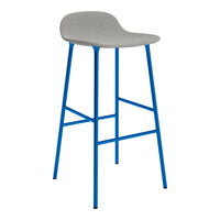 Gray upholstered seat with vibrant blue metal legs, minimalist design with clean lines and modern aesthetic.