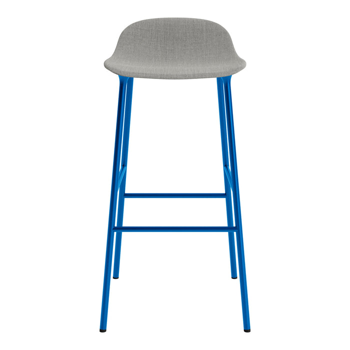 Gray upholstered bar stool with vibrant blue metal legs, featuring a sleek, modern design.