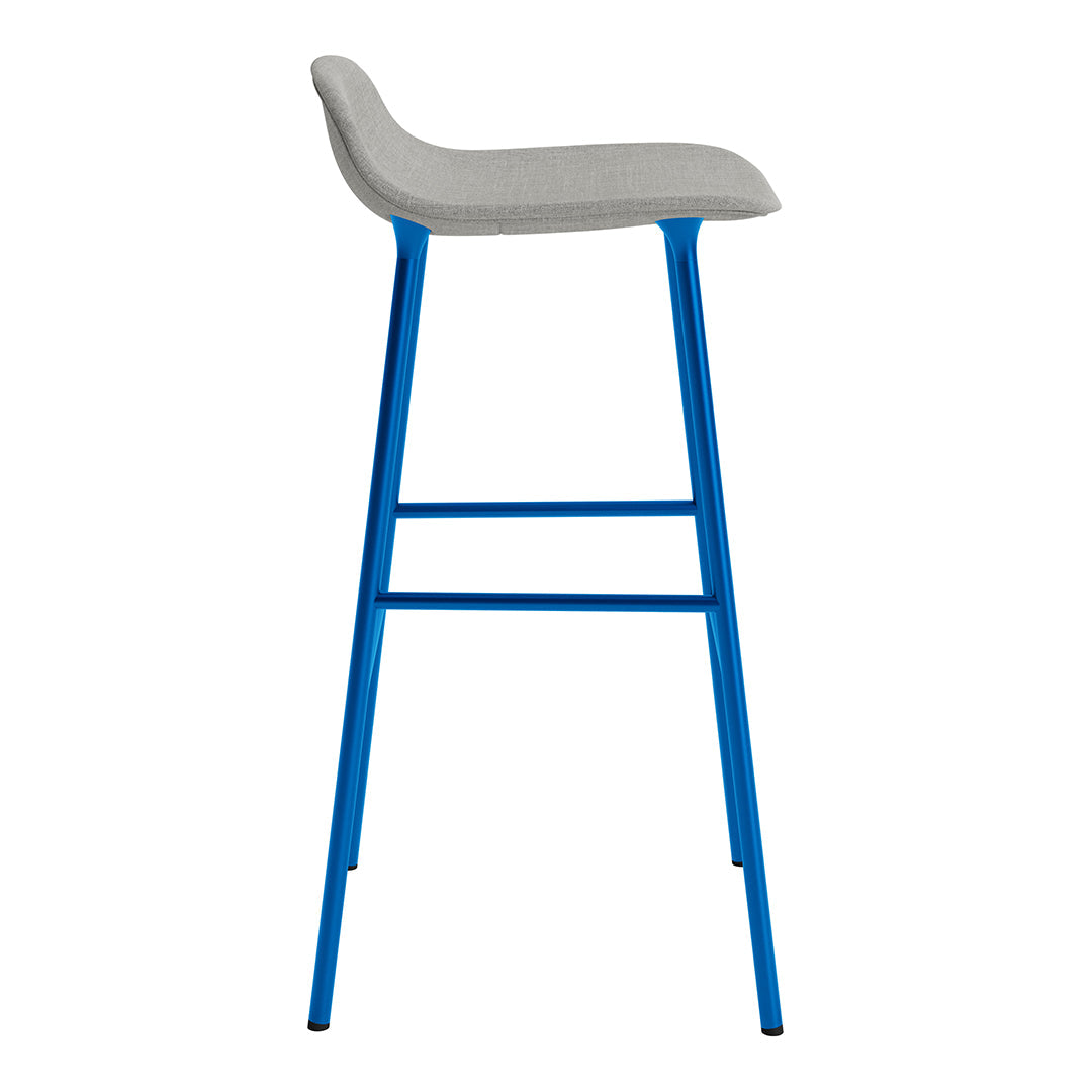 Gray upholstered bar stool with bright blue metal legs and a sleek, modern design.