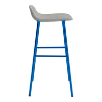 Gray upholstered bar stool with bright blue metal legs and a sleek, modern design.