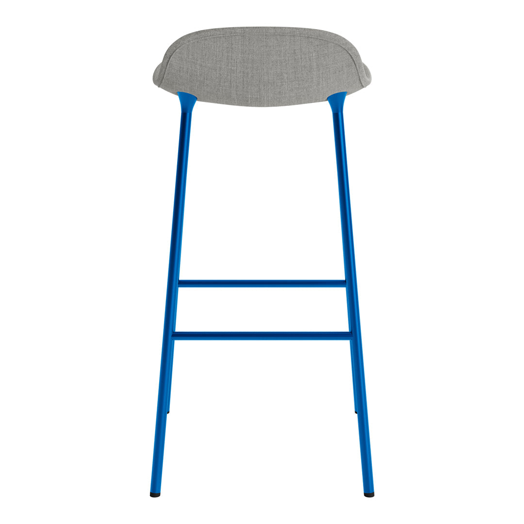Blue metal bar stool with a textured grey fabric seat, offering a modern and stylish design.