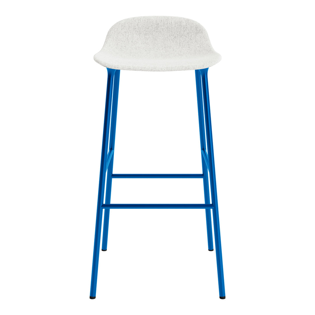 White upholstered bar stool with a vibrant blue metal frame. Stylish and modern design ideal for any décor.