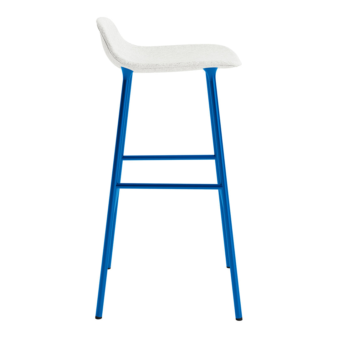 White upholstered bar stool with vibrant blue metal legs, featuring a sleek, minimalist design.