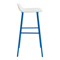 White upholstered bar stool with vibrant blue metal legs, featuring a sleek, minimalist design.