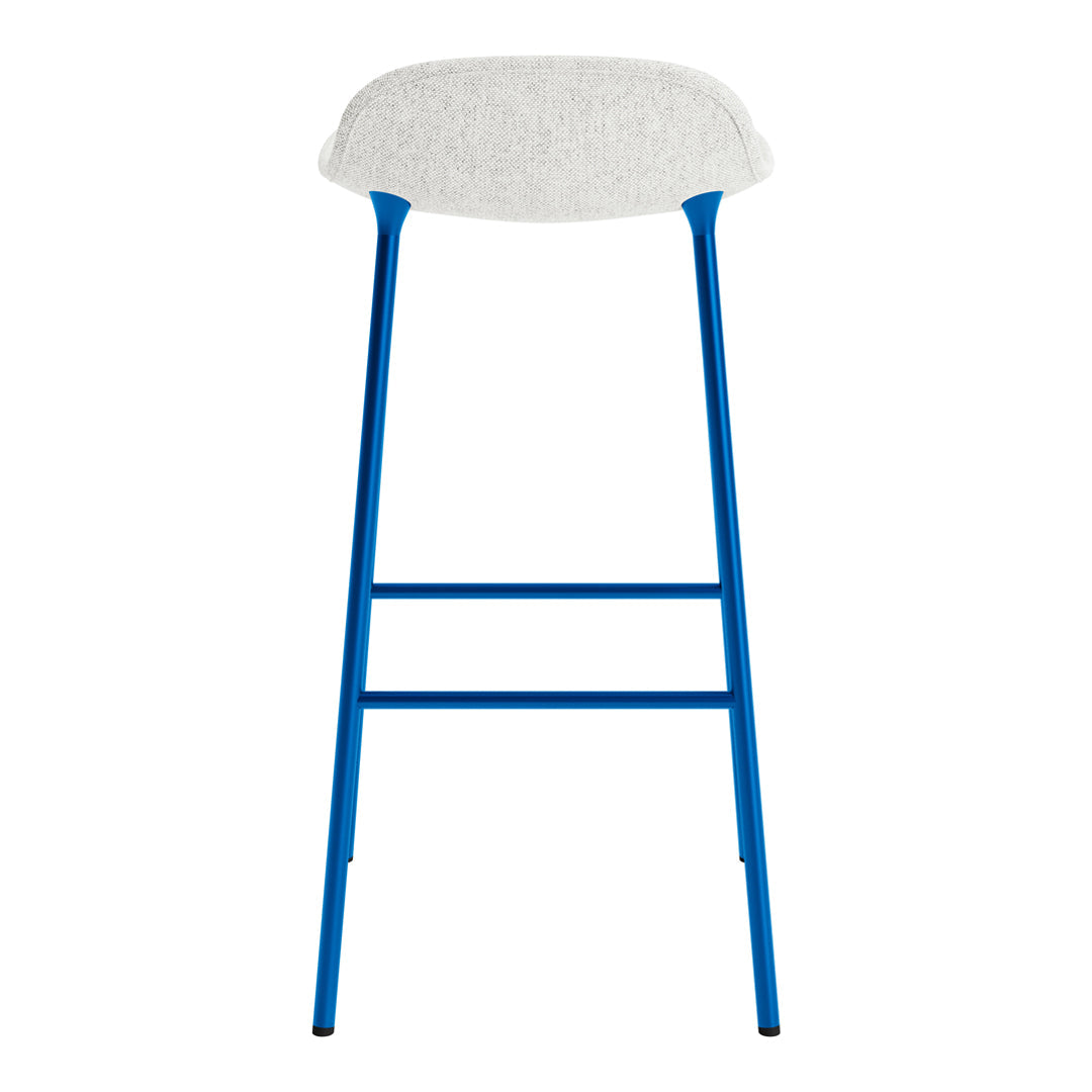 Blue metal bar stool with a light gray fabric seat and simple, modern design. Perfect for contemporary spaces.