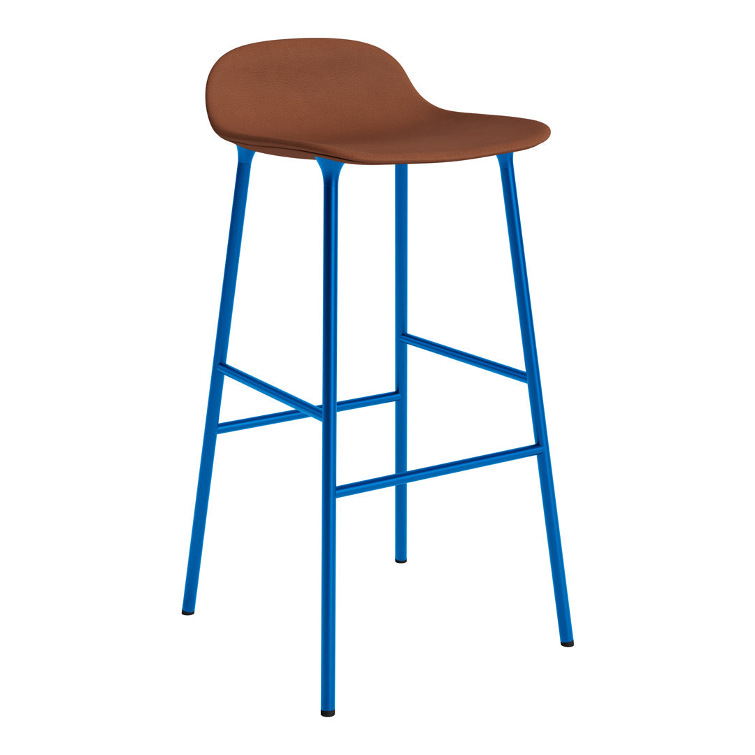 Brown seat with a sleek, modern design on vibrant blue legs, ideal for contemporary spaces.